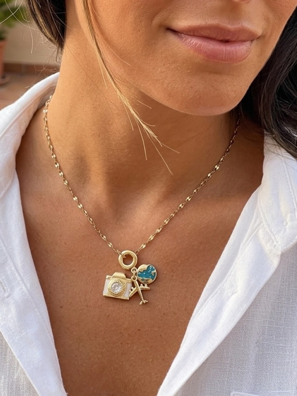 Gold Plated Stainless Steel Traveler Charm necklace Camera Airplane Globe trendy
